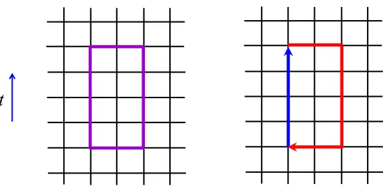 Figure 8. (a) The Wilson loopWilson-loop operator as a product of and the lattice size W on a R × T rectangle