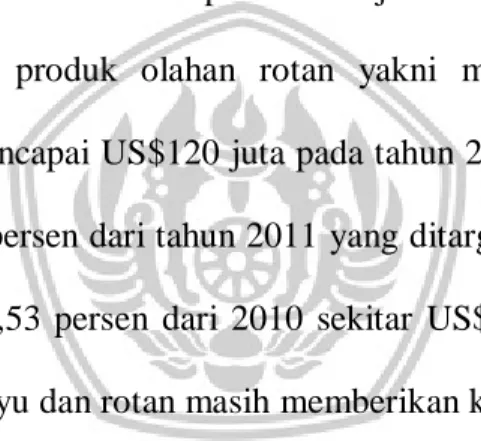 Grafik  di  atas  menunjukan  bahwa  nilai  ekspor  kerajinan  rotan  Indonesia  terbilang masih sangat kecil jika dibandingkan dengan nilai ekspor kerajinan rotan  pada masa pelarangan ekspor bahan baku rotan yang mencapai lebih dari 374 Juta  US$