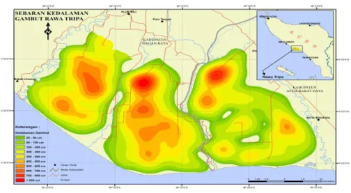 Gambar 1. Peta Sebaran Kedalaman Gambut di Areal TPSF Provinsi Aceh  (Sumber : Analisis Peta oleh Tim Bersama Unsyiah- YEL, 2014, tidak dipublikasikan)
