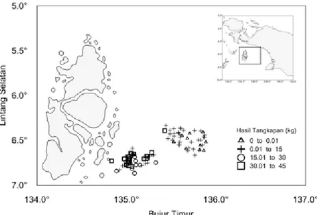Gambar 4. Penyebaran laju tangkap udang dogol (Metapenaeus endeavouri) hasil tangkapan KM Soerya-82 di sub area Aru, April-Juni 2008