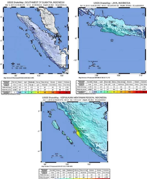 Gambar 3. Peta Intensitas dan ShakeMap Gempa Air Bangis, Garut dan Solok setelah kejadian (sumber peta intensitas: http://www.earthquake.usgs.gov)