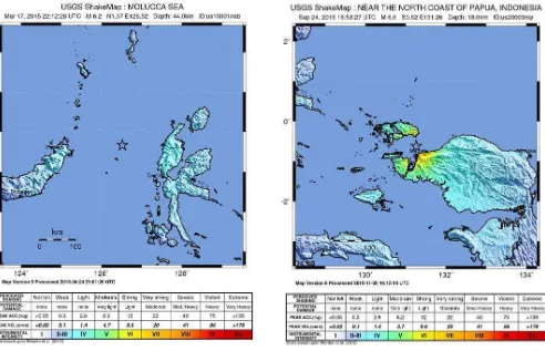 Gambar 3. Peta Intensitas dan ShakeMap Gempa Manado dan Sorong setelah kejadian (sumber peta intensitas: http://www.earthquake.usgs.gov)