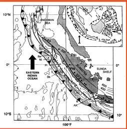 Fig 3. A schematic seismotectonic map of Sumatra depicting the Sumatra Fault Zone, the Mentawai Fault Zone, and the Sumatra Subduction
