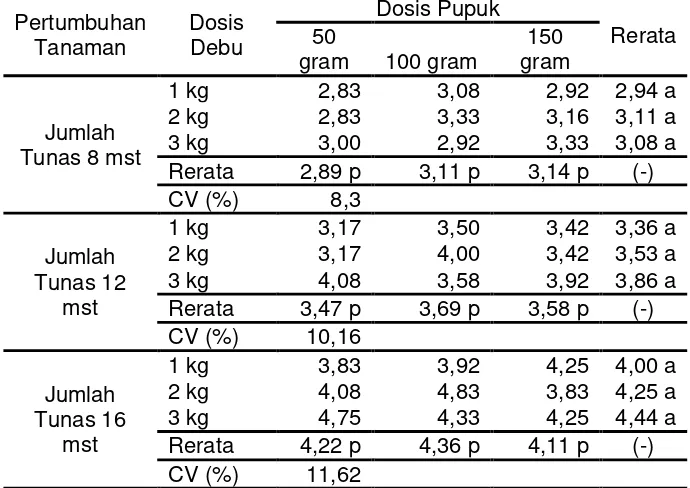 Gambar 1. Grafik tinggi tanaman buah naga; Keterangan : D1 (debu 1 kg), D2  (debu 2 kg), D3 (debu 3 kg), P1 (pupuk 50 gram), P2 (pupuk 100 gram), P3 (pupuk 150 gram) 