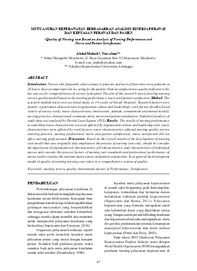 Mutu Asuhan Keperawatan Berdasarkan Analisis Kinerja Perawat Dan ...