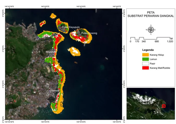 Gambar 3. Peta distribusi tipe habitat dasar perairan dangkal hasil klasifikasi citra Sentinel-2A 