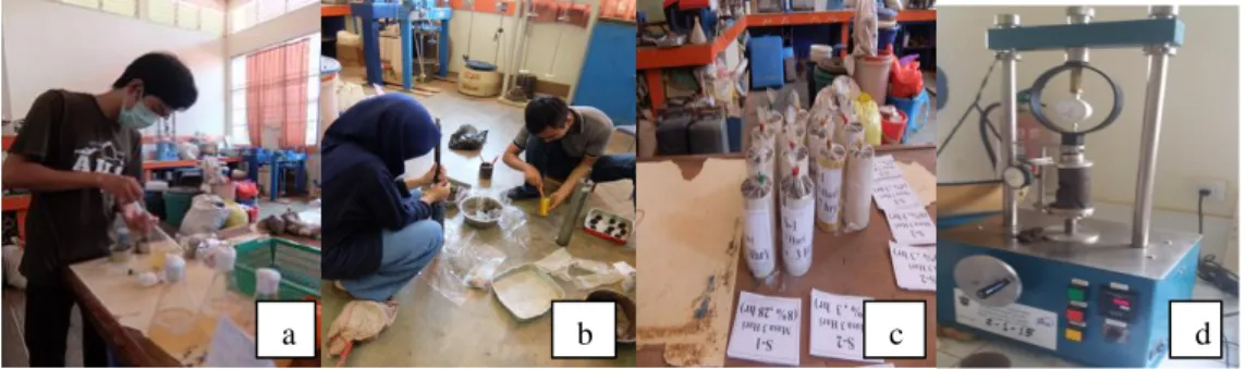 Gambar 3. Tahapan pelaksanaan pengujian: a) pencampuran tanah dengan bakteri , b) pembuatan benda uji  c) proses pemeraman, d) pengujian kuat tekan (UCS test ) 