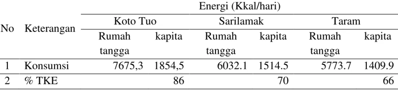 Tabel 6.  Rata-rata  Konsumsi  Energi  dan  TKE  Rumahtangga  Responden  di  Kecamatan Harau 