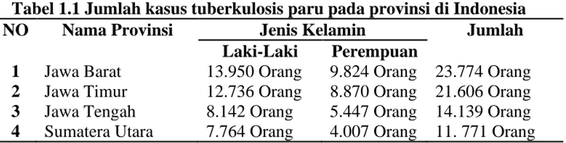 Tabel 1.1 Jumlah kasus tuberkulosis paru pada provinsi di Indonesia 
