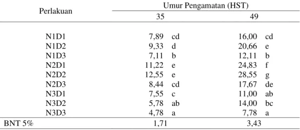 Tabel 2.   Interaksi Jumlah Bunga Per Tanaman pada Umur 35 dan 49 HST, Akibat dari  Perlakuan Pemberian Antara Pupuk Urea dan Pupuk Daun Mamigro