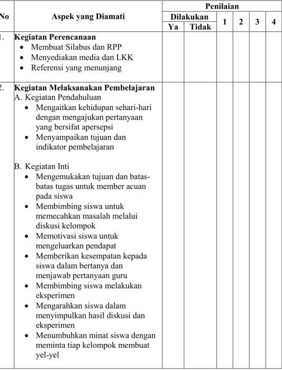 Tabel 4. Contoh lembar pengamatan guru mengajar 