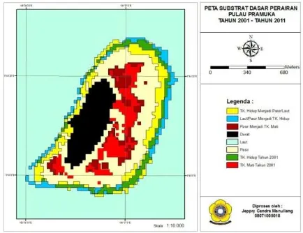 Gambar 4. Peta perubahan luasan terumbu karang di Pulau Pramuka