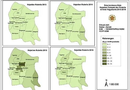 Gambar 2. Peta Insidence Rate Kejadian Rubella di Kota Yogyakarta                     Tahun 2013-2016 