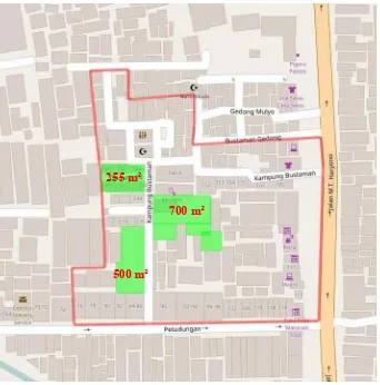 Gambar 82. Rencana Desain (warna hijau) pada kondisi Kampung Bustaman keseluruhan (garis merah) 