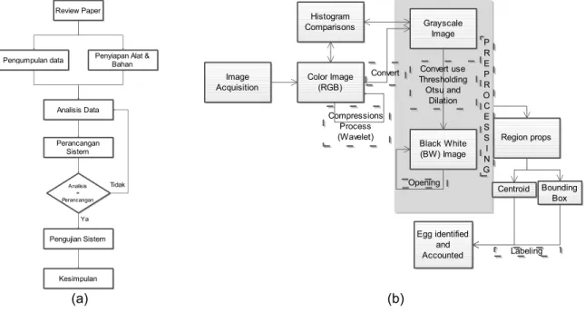 Gambar 1. Metodologi Penelitian (a) Secara Umum [16], (b). Alur Proses Pengolahan Citra Telur  Gambar  1  menunjukan  proses  pengolahan  citra  mulai  dari  proses  akuisisi  citra  sampai  dengan  proses  segmentasi  untuk  menentukan  luas  area  objek 