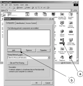Gambar 19. a.  Windows Control Panel; b. Window Configurasi KartuJaringan Add Network Adapter 