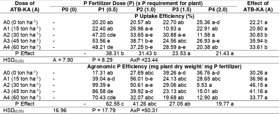 Table 2. The influence of coal fly ash-chicken manure mixture and P fertilizer addition on P efficiency by corn  