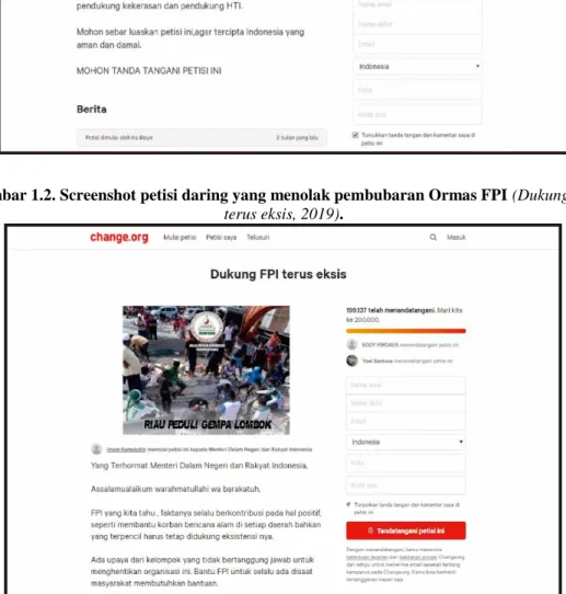 Gambar 1.2. Screenshot petisi daring yang menolak pembubaran Ormas FPI (Dukung FPI  terus eksis, 2019)