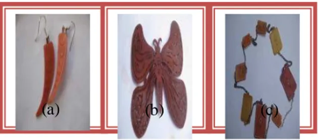Gambar 6.  Hasil Proses pewarnaan  Affal kulit perkamen     Aksesoris wanita  Anting(a), Bross (b), Kalung pewarna Alami         