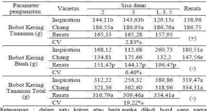 Tabel 3. Bobot kering tanaman (g), bobot kering buah (g), dan bobot kering 