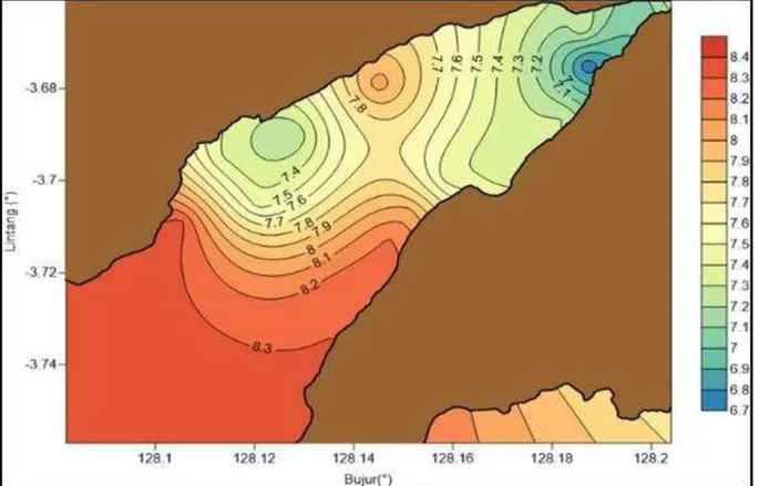 Gambar 4. Sebaran Nilai pH Perairan Laut Teluk Ambon Luar  Konsentrasi DO terendah berada pada 