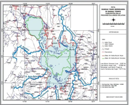 Gambar 3.1 Peta lokasi Danau Tempe  (Laporan Tahunan DKP Kab. Wajo, 2005) 