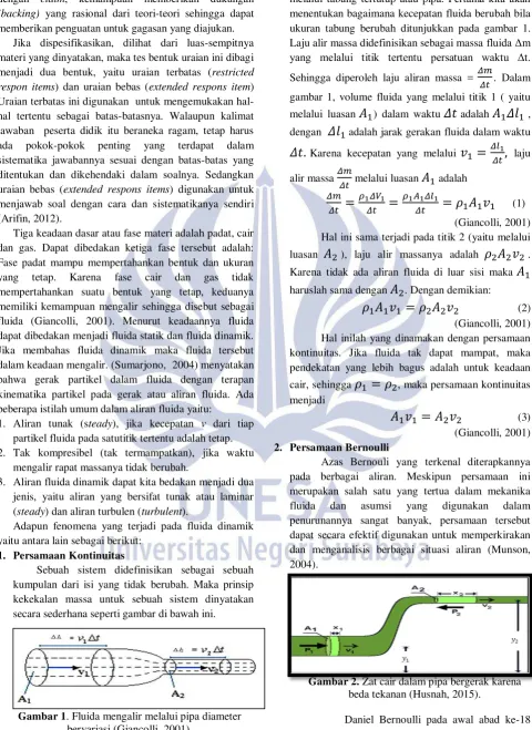 Gambar 1. Fluida mengalir melalui pipa diameter bervariasi (Giancolli, 2001). 