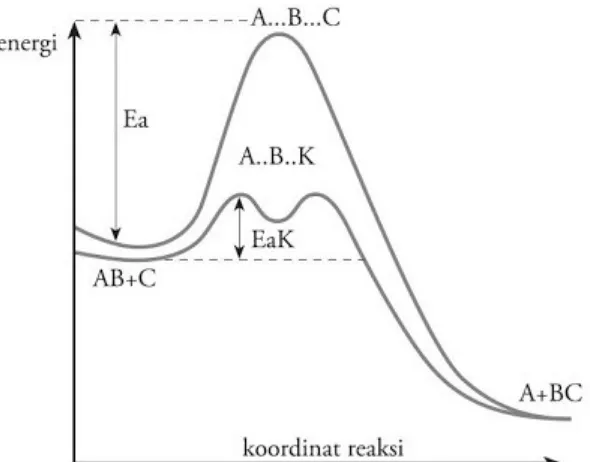 Gambar 14. Diagram energi potensial reaksi tanpa katalis dan dengan katalis. Energi aktivasireaksi dengan katalis (EaK) lebih kecil dari reaksi tanpa katalis.Katalis memiliki beberapa sifat, di antaranya: