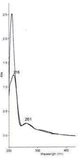 Gambar 2. Spektrum UV senyawa murni dalam pelarut MeOH dengan pereaksi geser NaOH  Penambahan pereaksi geser NaOH tidak menyebabkan terjadinya pergeseran panjang gelombang yang ditunjukkan dengan serapan maksimum tetap  pada �maks 216 dan 261 nm