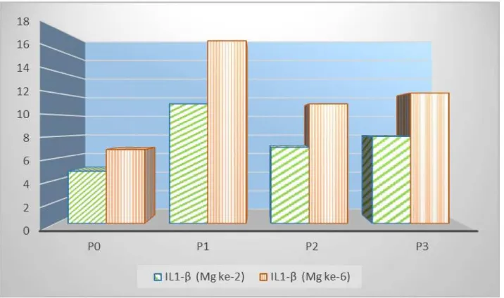 Gambar 2. Hasil pemeriksaan imunohistokimia ekspresi IL1-b minggu ke-6 pada semua kelompok perlakuan tanda panah menunjukkan sel yang mengekpresikan IL1-b (warna coklat) (pembesaran 400X)
