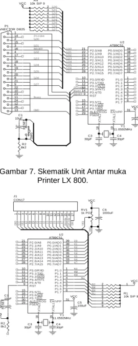 Gambar 7. Skematik Unit Antar muka  Printer LX 800.  RV1 1k POT U2 AT89C51 9 RST XTAL2 18 XTAL11929PSENALE/PROG30 EA/VPP 31P1.01P1.12P1.23P1.34P1.45P1.56P1.67P1.78P2.0/A821P2.1/A922P2.2/A1023P2.3/A1124P2.4/A1225P2.5/A1326P2.6/A1427P2.7/A1528P3.0/RXD10P3.1/
