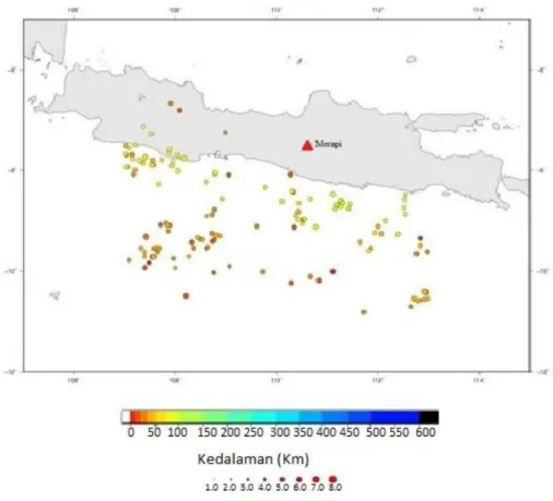 Gambar 3. Peta Seismisitas di kawasan Gunungapi Merapi periode 1977 – 2010 dari katalog ISC 