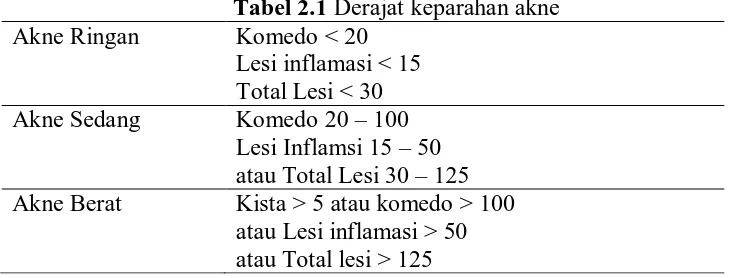 Tabel 2.1 Derajat keparahan akne Komedo < 20 