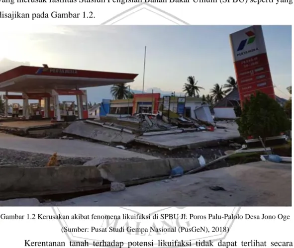 Gambar 1.2 Kerusakan akibat fenomena likuifaksi di SPBU Jl. Poros Palu-Palolo Desa Jono Oge  (Sumber: Pusat Studi Gempa Nasional (PusGeN), 2018) 