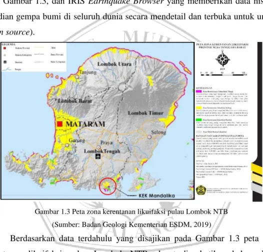 Gambar 1.3 Peta zona kerentanan likuifaksi pulau Lombok NTB  (Sumber: Badan Geologi Kementerian ESDM, 2019) 