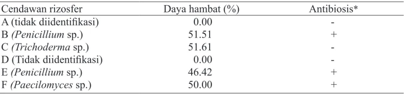 Tabel 2 Kemampuan antagonis cendawan rizosfer tanaman krisan dalam menekan  perkembangan cendawan Fusarium oxysporum penyebab penyakit layu tanaman krisan