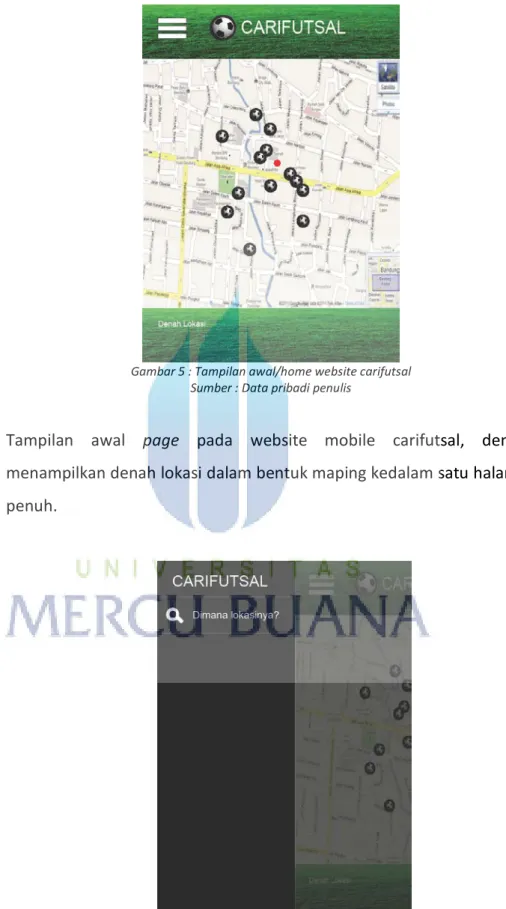 Gambar 5 : Tampilan awal/home website carifutsal  Sumber : Data pribadi penulis 