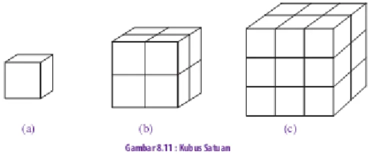 Gambar 8.11 menunjukkan bentuk-bentuk kubus dengan ukuran berbeda. Kubus pada  gambar 8.11 (a) merupakan kubus satuan