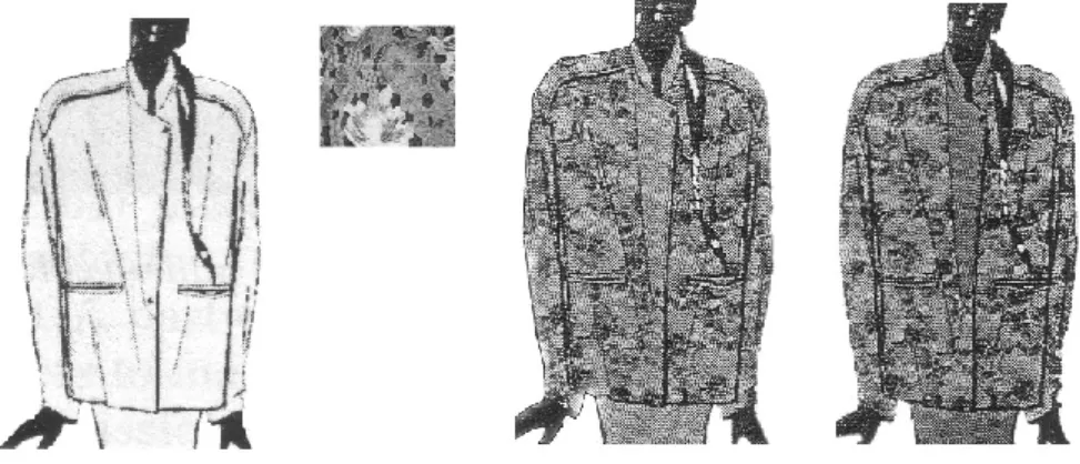 Gambar 3  Contoh motif tekstil di-pindai pada rancangan busana. 
