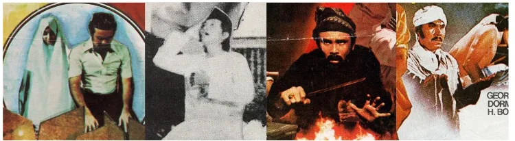 Figure 1. Men wearing turbans and skullcaps in flyers for (L-R): Pasukan Berani MatiCinta Segitiga (1979), Al-Kautsar (1977),  (1982), and Telaga Angker (1984)
