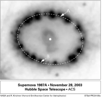 Gambar 2: Citra (negatif) supernova remnant 1987A dipotret dengan Advanced Camera for Survey yangterpasang pada Hubble Space Telescope.