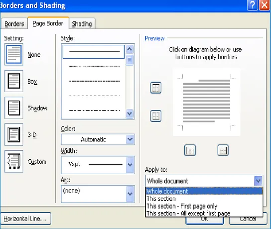 Gambar Kotak Dialog Border and Shading a. Pada kotak pilihan style, pilihlah jenis garis 