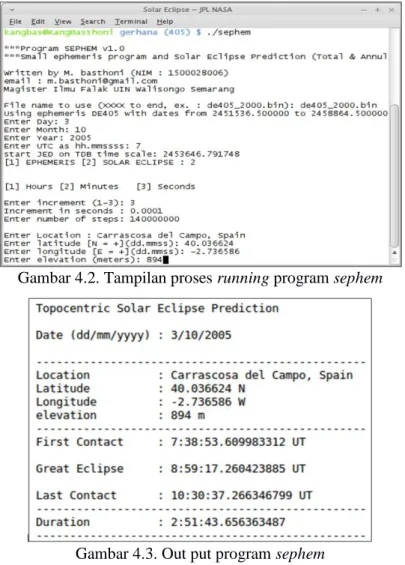 Gambar 4.2. Tampilan proses running program sephem 