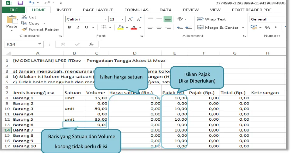 Gambar 121. Halaman Template dalam Microsoft Excel Isikan harga satuan  Isikan Pajak  
