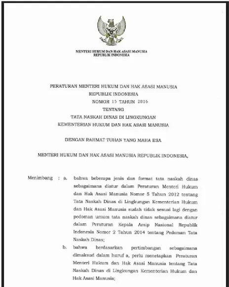 Gambar 1: Halaman depan dari Peraturan Menteri Hukum dan Hak Asasi Manusia Republik Indonesia Nomor 15 Tahun 2016 tentang Tata Naskah Dinas di Lingkungan