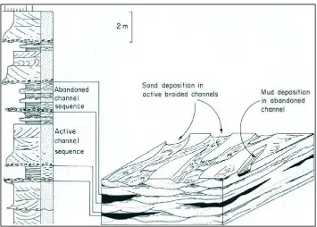 Gambar 2.7 Sub-lingkungan pengendapan dan sikuen sedimentasi pada channel braided (Selley, 1982) 