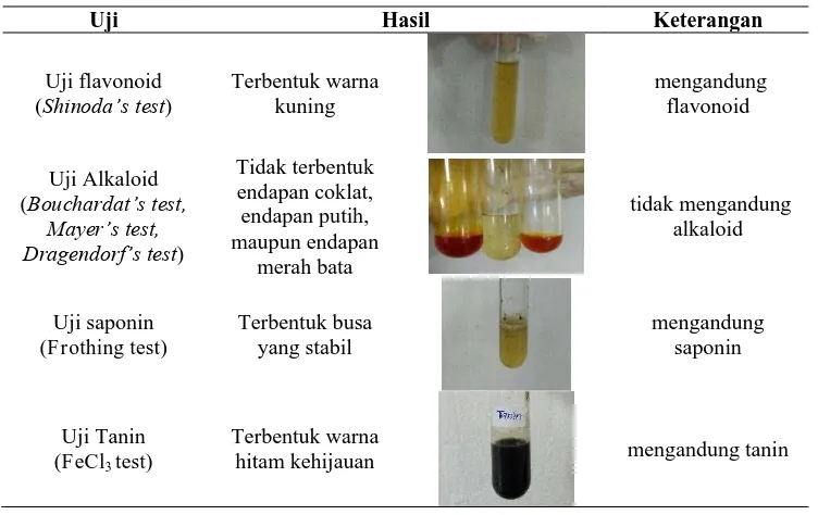 Tabel 1. Hasil uji fitokimia ekstrak etanol daun kenikir (Cosmos caudatus (L.) H.B.K.)    