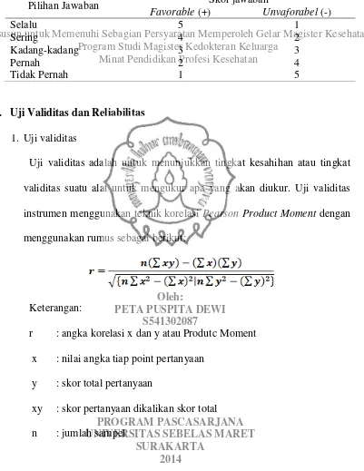 Tabel 3.3 Panduan skoring kuesioner pola makan TESIS  