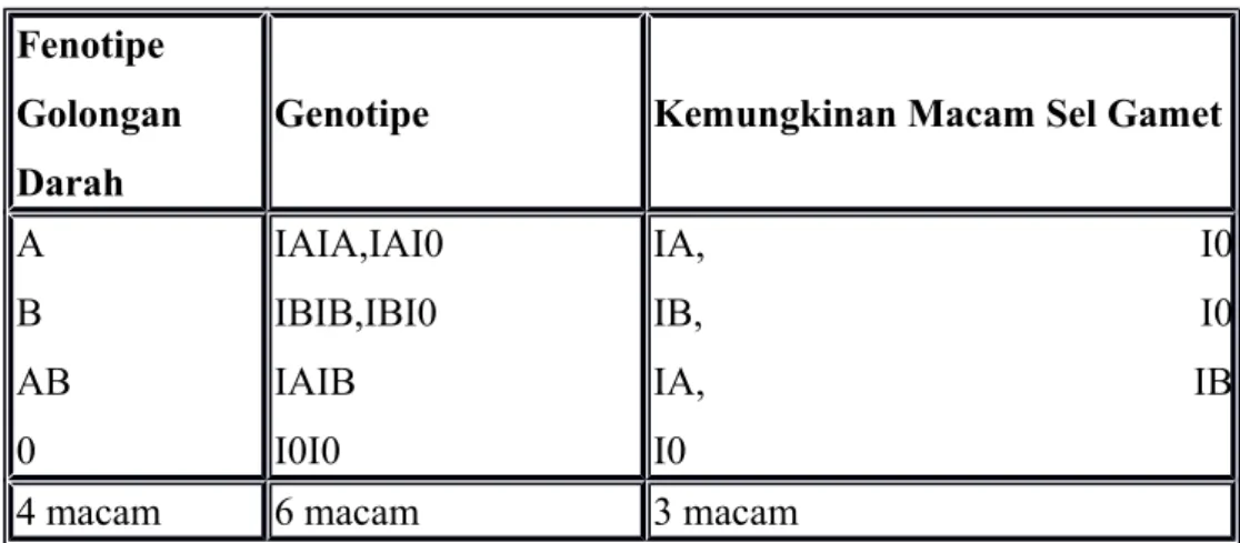 Tabel genotipe dan fenotipe pada golongan darah sistem ABO.