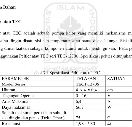 Tabel 3.1 Spesifikasi Peltier atau TEC 